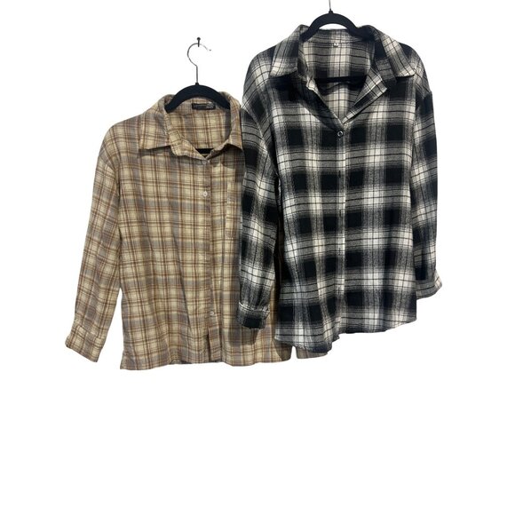 Dazy Women's Plaid Button-Down Shirts Set Black & Brown Size M - Picture 2 of 7